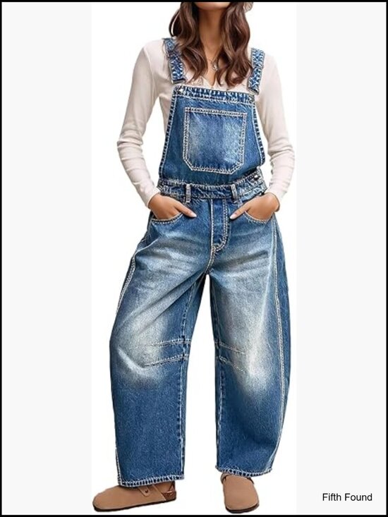 Denim - Barrel Leg Denim Overalls with Pockets Casual Jumpsuit